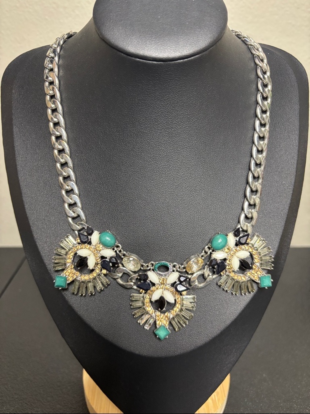 Statement Turquoise Silver Tone Cuban Chain Collar Necklace Rhinestone